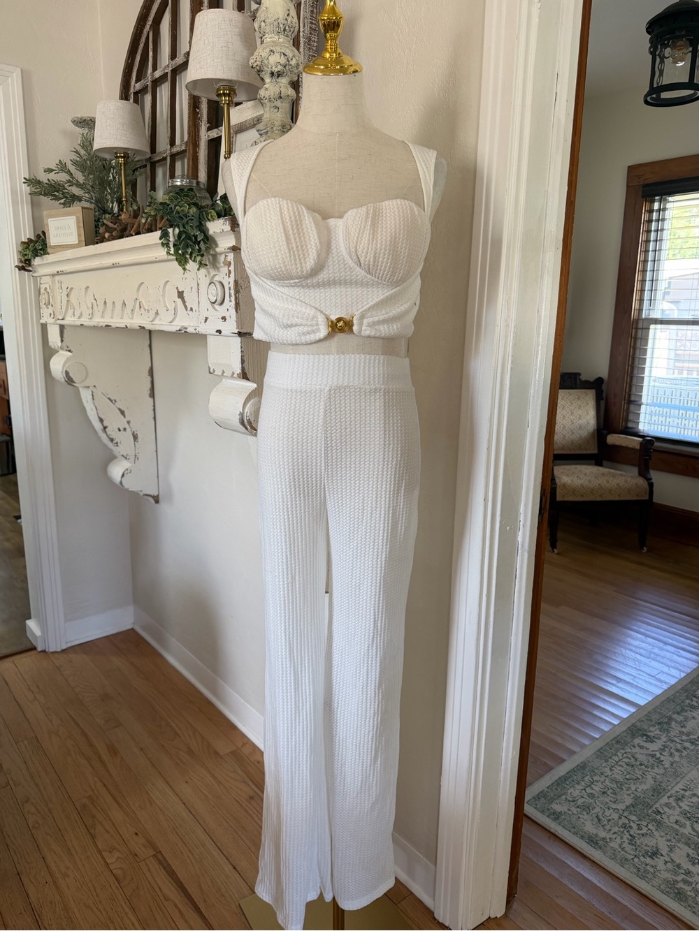 Chic White Waffle Knit Textured Wide-Leg Knit Pants and Cropped Top